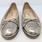 Chanel Gold Ballet Flats Cc Leather Size 38 Cap Toe Monogram Logo