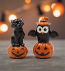 Ceramic Halloween Decor Black Owl And Black Cat On Pumpkin Salt And Pepper  Home