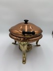 Vintage Copper Chafing Dish Fondue Pot Brass Wood-9   