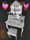 White Vanity Makeup Dressing Table Set W stool 4 Drawer mirror Jewelry Wood Desk