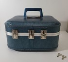 Vintage Trojan Blue green Hard Shell Luggage Train Case- Make Up Case- Travel