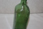 Antique Green Glass Square Tall Bottle     Embossed Vintage Liquor Bottle
