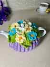 Crochet Hand Knitted Yellow  Blue Violets Lilac Flowers Tea Cozy Lavender Purple