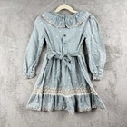 Polly Flinders Smocked Dress Girls 6 Blue Floral L s Ruffle Collar Cottagecore