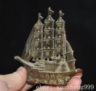 4 old China Ancient Dynasty Bronze Text Wealth Yuanbao Luck Ship Statue