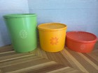 3 Vtg Retro Tupperware Canisters Green Apple Orange Golden Yellow Guc