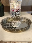 Vintage Oval Mirrored Vanity Tray Gold Color Filigree 7    Jewelry Perfume Display