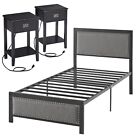 3pcs Bedroom Set Upholstered Headboard Metal Platform Bed Frame   2 Nightstands