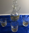 Hand Painted Vintage Greek Geraki Glass Decanter   3 Shot Glasses Souvenir Set