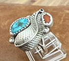 Vintage Native Navajo Turquoise  Coral Sterling 925 Etched Feather Ring Size 6 5