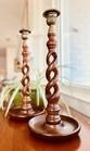 Pair Of Antq   Vtg English Oak   Brass Open Barley Twist Candlestick Holders 15   