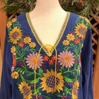 Mexican Handmade Peasant Boho Festival Womens Large Blue Embroidered Blouse