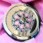 Round Compact Mirror Case Silver Tone Pink Rhinestone  Vintage 