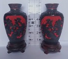 Pair Vintage Chinese Cinnabar Lacquer Vases Carved Black Red Brass Blue Enamel