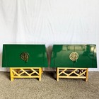Postmodern Chinoiserie Green Lacquer Laminate Rattan Nightstands With Brass Acc