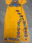 Mexican Artisan Maxi Dress  Embroidered Flowers   Butterflies Side Slit  Yellow