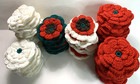 43 Vintage Hand Crocheted Flowers Craft Afghan Red Green White Brown Multicolor