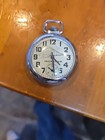 Vtg  Ingraham Silver Tone Pocket Watch With Train Locomotive On Face Works