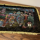 Vtg 70   s Black Velvet Colorful Japanese Wall Hanging Gold Trim Fringe Tapestry