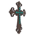 Cast Iron Turquoise Stones Fleur De Lis Wall Cross Rustic Finish Victorian Decor