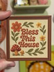 Retro Vintage Inspired Crewel Style    bless This House    Wooden Magnet Mushrooms
