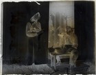 Antique Glass Photo Negative  Husband   Wife Doing Dishes W child Peeking Out