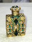 Vintage Czech Gold Filigree Green Glass Bejeweled 2 25  Perfume Bottle