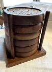 Vintage Solid Wood   Cork 6 Coasters Set With Holder Mcm Bar Barware