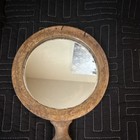Vintage Wooden Handheld Hand Mirror Round Glass With Wood Handle  Glass
