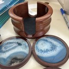 Vintage Mcm Agate   Wood Round Felt Back Drink Coasters Set Of 6 Blue Costal