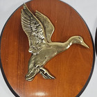 Vtg Set Of 2 Oval Brass Ducks On Wood Wall Plaques 3d Hunting Camp Decor 9 1 2 