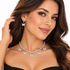 Butterfly Rhinestone Necklace Earrings Set Silver Tone Women Fashion Jewelry