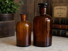Antique Amber Apothecary Bottle Pair Pharmacy Labels Glass Stopper Decor Empty