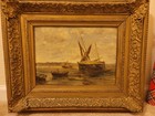 Antique Oil Painting On Wooden Panel Seascape With Boats Original Frame 19th Ctr