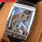Mens Silver Skeleton Bridge Manual Mechanical Watch - Black Leather Strap