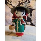 Vintage Asian Folk Art Doll Handmade Hand Painted Face Conical Hat Wicker Basket