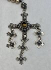 Vintage Mex Taxco Aae  Sterling Tiger Eye Yalalag Wedding Cross Pendant W  Beads