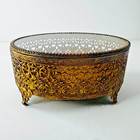 Vintage Gold Ormolu Filigree Beveled Glass Trinket Box Footed Jewelry Casket 7 