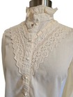 Womens Vintage White Prairie Blouse Lace High Neck Victorian Romantic