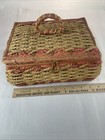 Vintage Wicker Sewing Basket Box Lined Interior  Handle   Latch Unbranded