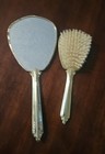 Vtg Hand Held Vanity Mirror brush Set Scroll Floral Design Gold Tone Metal 