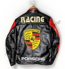Men   s Red black F-1 Vintage Porsche Embroidered Racing Leather Motorbike Jacket