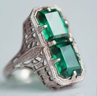 Art Deco Green Emerald Lab Created Diamond Engagement 14k White Gold Finish Ring