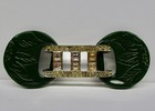 Vintage Belt Buckle Art Deco Green Plastic With Metal Rhinestones Leaf Motif