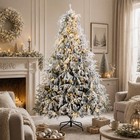 Snow Flocked 7ft Norfolk Pine Xmas Tree Pre Lit 400 Led Lights For Home Party