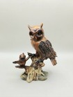 Rustic Brown Owl   Owlet Figurine On Tree Stump