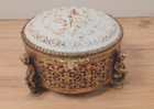 Vintage Globe Gold Filigree Cherub Powder Box Jewelry Trinket