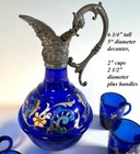Antique French 7p Raised Enamel On Cobalt Glass Liqueur Service  Decanter  6 Cup