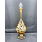 Vtg Amber Glass Decanter Floral Hand Painted Barware Carafe 13 5  W  Stopper