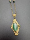 Vintage Antique Diamond Shaped Green Glass With  Chain Necklace  C17